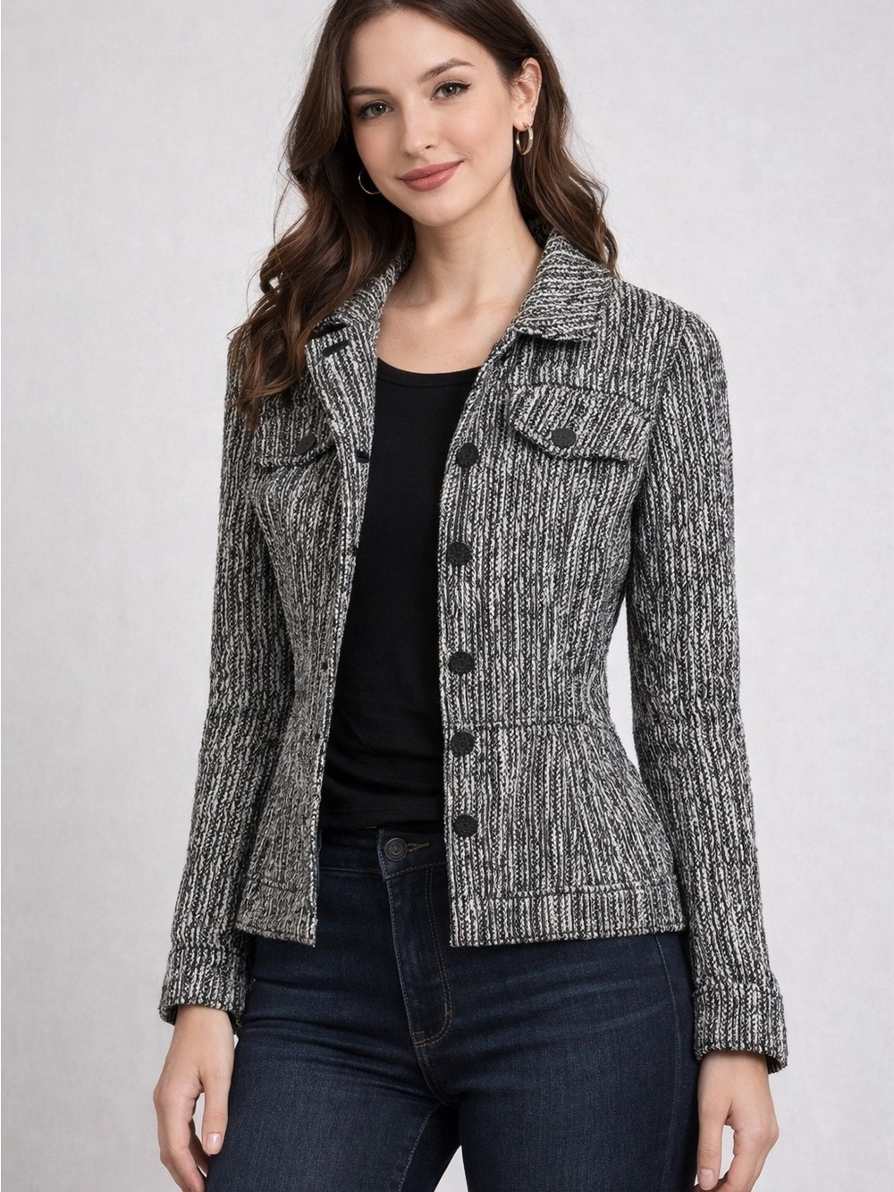 White House Black Market Black & White Knit Jean Jacket